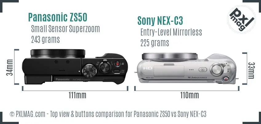 Panasonic ZS50 vs Sony NEX-C3 top view buttons comparison