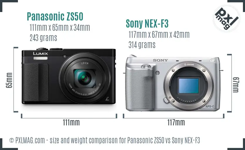 Panasonic ZS50 vs Sony NEX-F3 size comparison