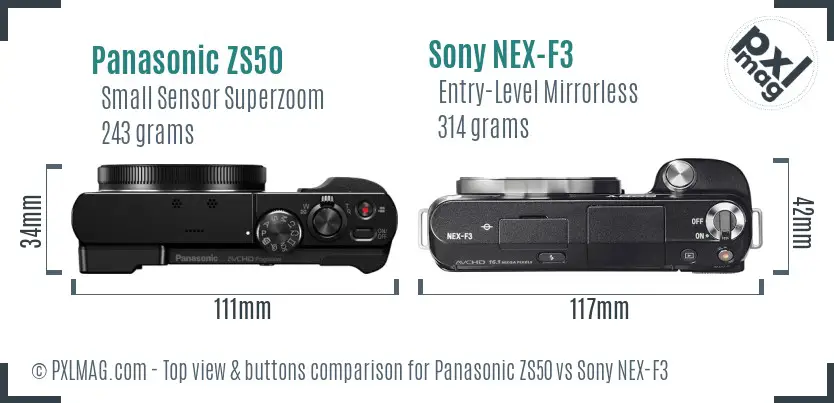 Panasonic ZS50 vs Sony NEX-F3 top view buttons comparison