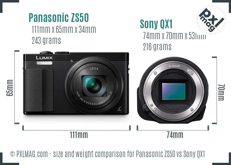 Panasonic ZS50 vs Sony QX1 size comparison