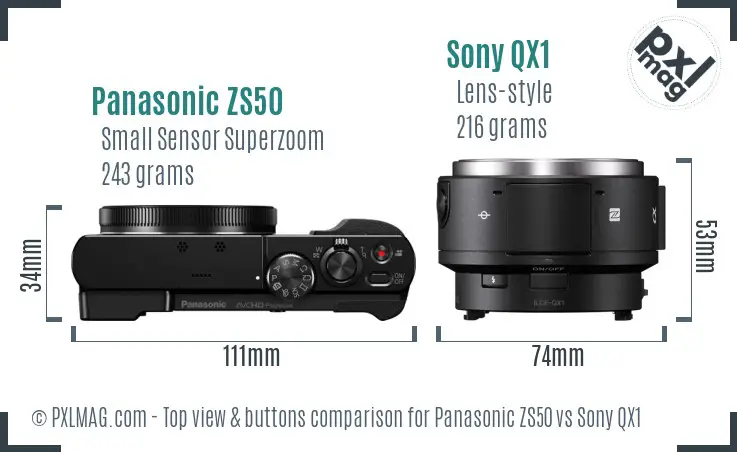 Panasonic ZS50 vs Sony QX1 top view buttons comparison