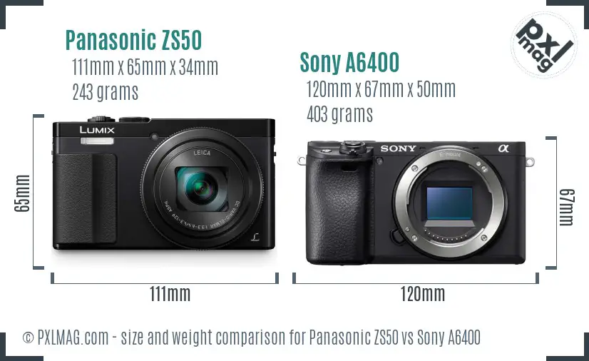 Panasonic ZS50 vs Sony A6400 size comparison