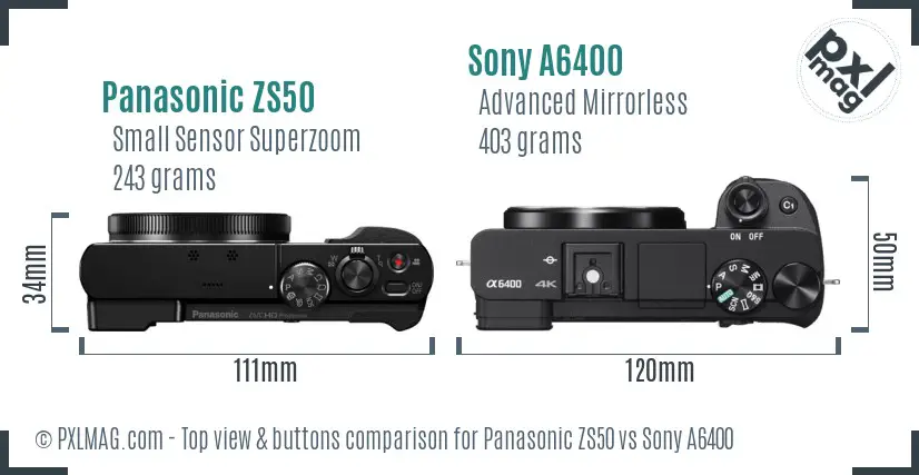 Panasonic ZS50 vs Sony A6400 top view buttons comparison