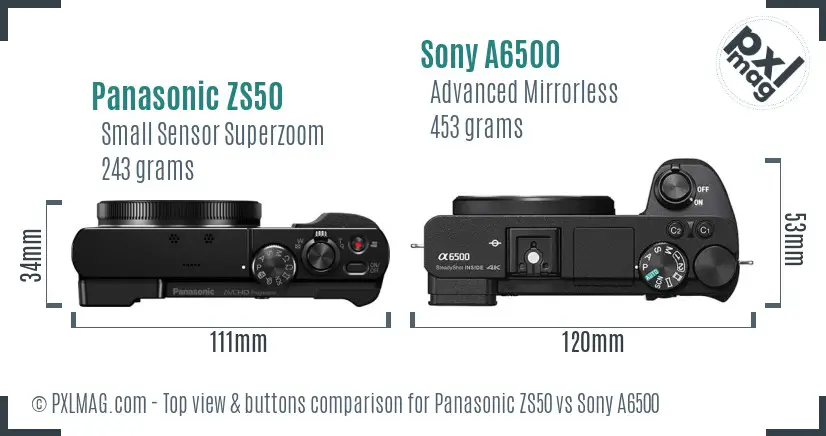 Panasonic ZS50 vs Sony A6500 top view buttons comparison Panasonic ZS50 vs Sony A6500 top view buttons comparison