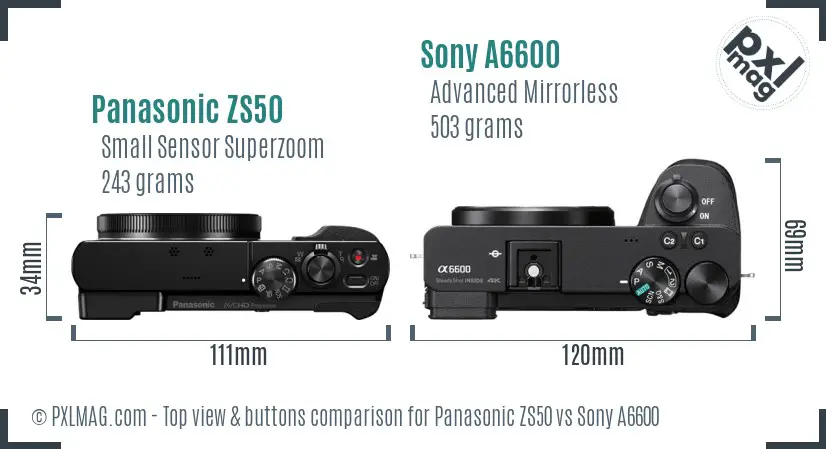 Panasonic ZS50 vs Sony A6600 top view buttons comparison