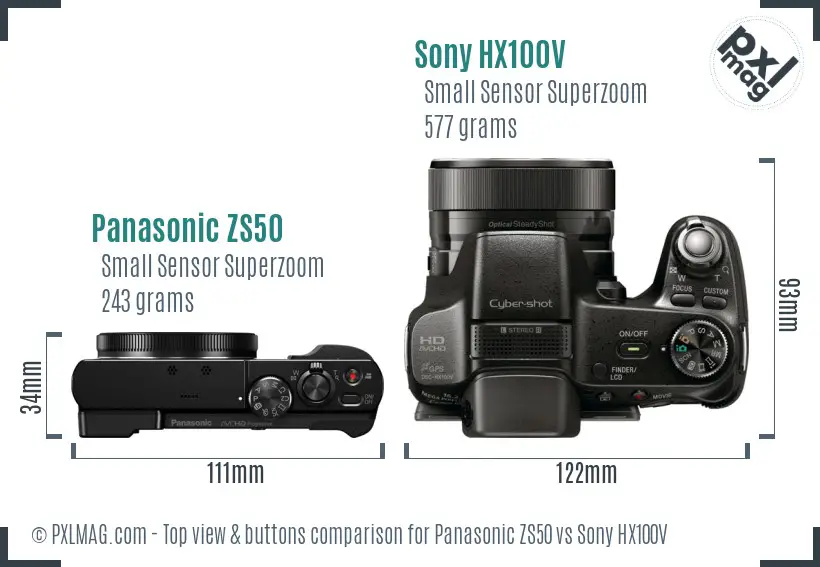 Panasonic ZS50 vs Sony HX100V top view buttons comparison