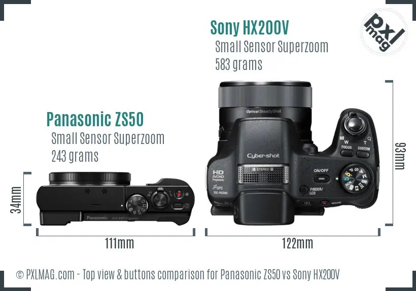 Panasonic ZS50 vs Sony HX200V top view buttons comparison