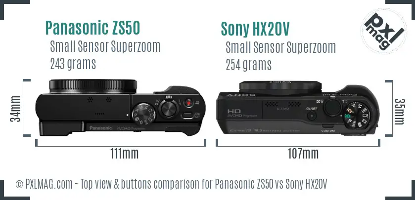 Panasonic ZS50 vs Sony HX20V top view buttons comparison