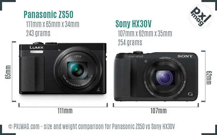 Panasonic ZS50 vs Sony HX30V size comparison