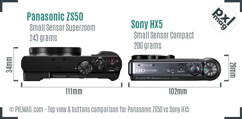 Panasonic ZS50 vs Sony HX5 top view buttons comparison