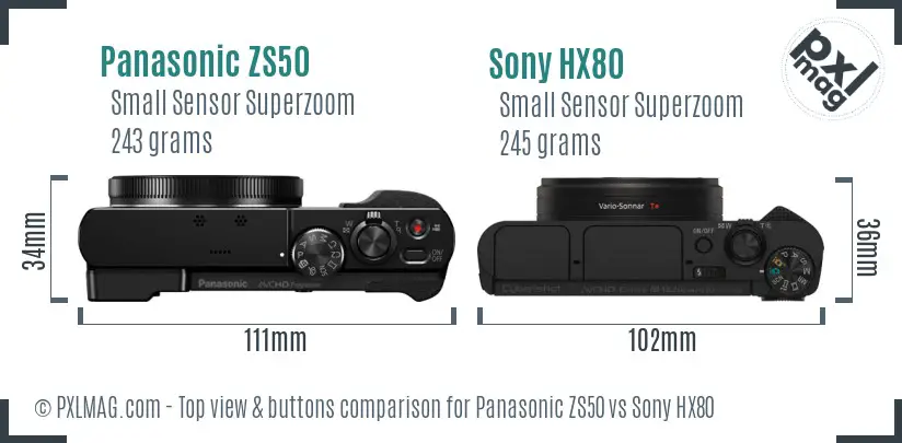 Panasonic ZS50 vs Sony HX80 top view buttons comparison