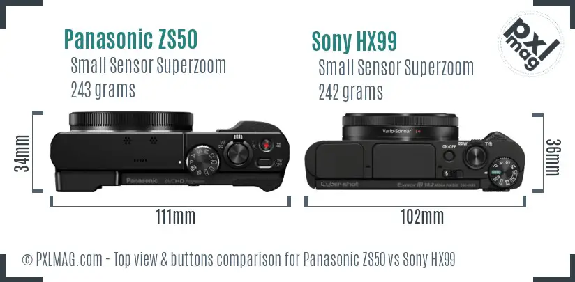 Panasonic ZS50 vs Sony HX99 top view buttons comparison