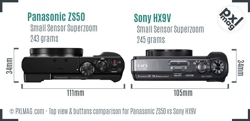 Panasonic ZS50 vs Sony HX9V top view buttons comparison