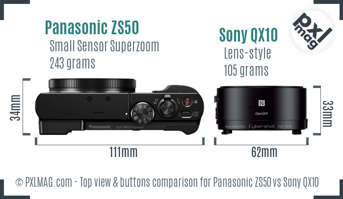 Panasonic ZS50 vs Sony QX10 top view buttons comparison
