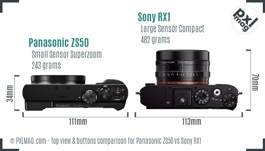 Panasonic ZS50 vs Sony RX1 top view buttons comparison