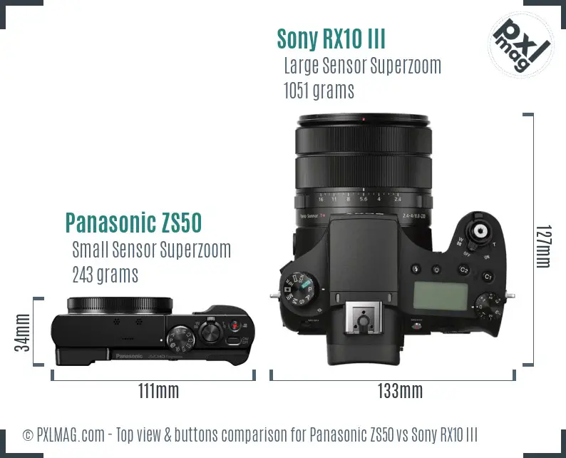 Panasonic ZS50 vs Sony RX10 III top view buttons comparison