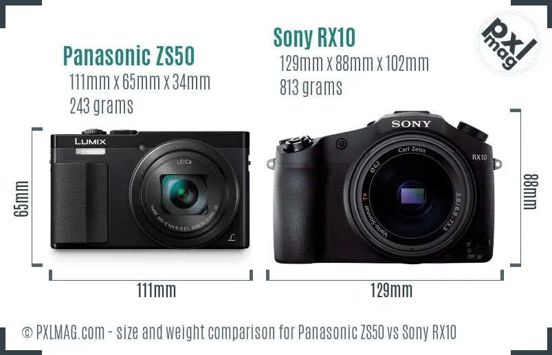 Panasonic ZS50 vs Sony RX10 size comparison