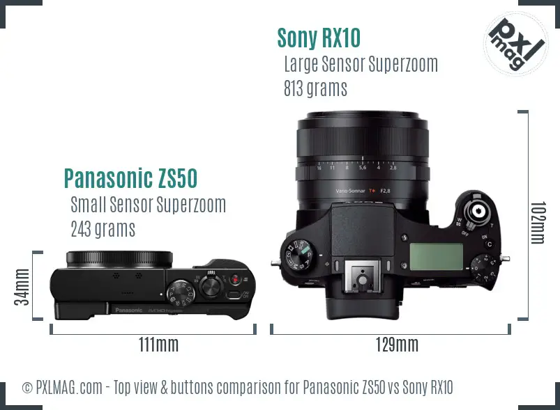 Panasonic ZS50 vs Sony RX10 top view buttons comparison