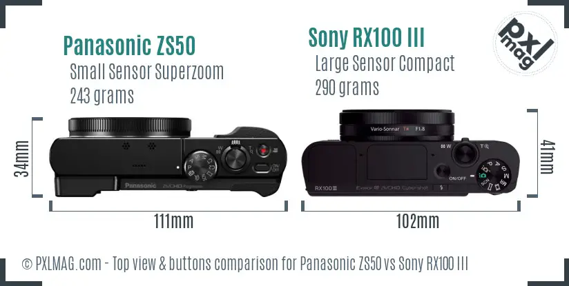 Panasonic ZS50 vs Sony RX100 III top view buttons comparison