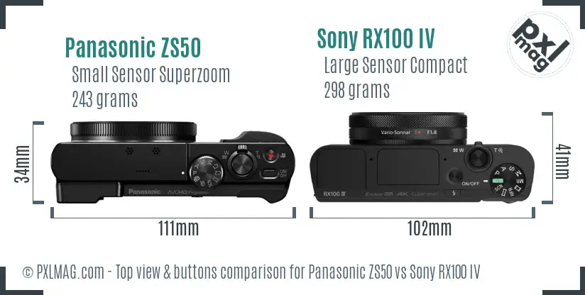 Panasonic ZS50 vs Sony RX100 IV top view buttons comparison