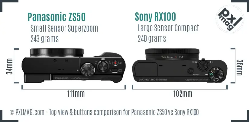 Panasonic ZS50 vs Sony RX100 top view buttons comparison