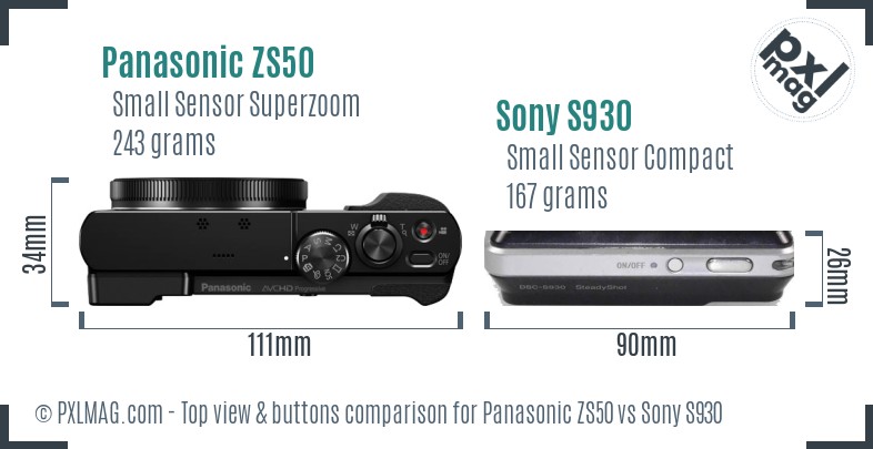 Panasonic ZS50 vs Sony S930 top view buttons comparison