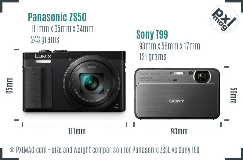 Panasonic ZS50 vs Sony T99 size comparison