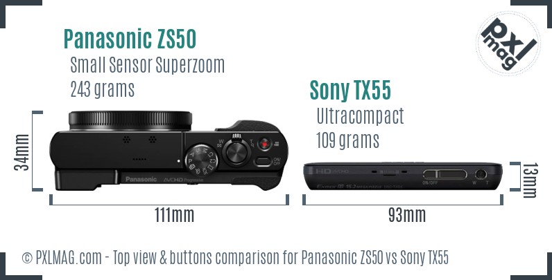 Panasonic ZS50 vs Sony TX55 top view buttons comparison