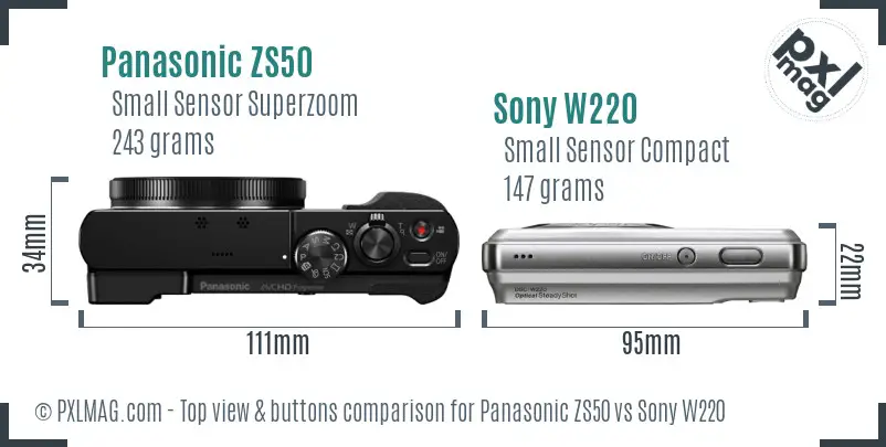 Panasonic ZS50 vs Sony W220 top view buttons comparison