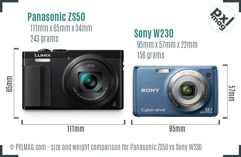Panasonic ZS50 vs Sony W230 size comparison