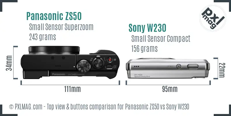 Panasonic ZS50 vs Sony W230 top view buttons comparison