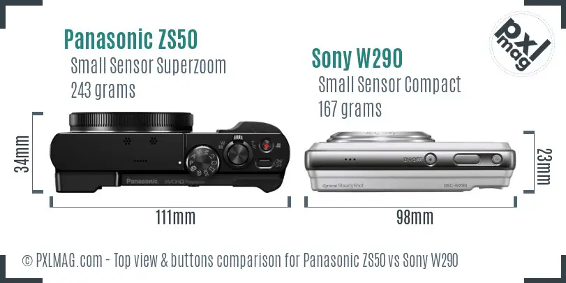 Panasonic ZS50 vs Sony W290 top view buttons comparison
