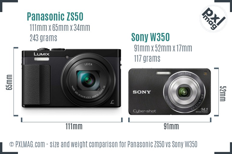 Panasonic ZS50 vs Sony W350 size comparison
