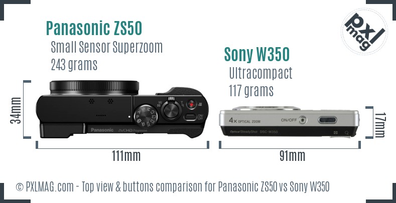 Panasonic ZS50 vs Sony W350 top view buttons comparison