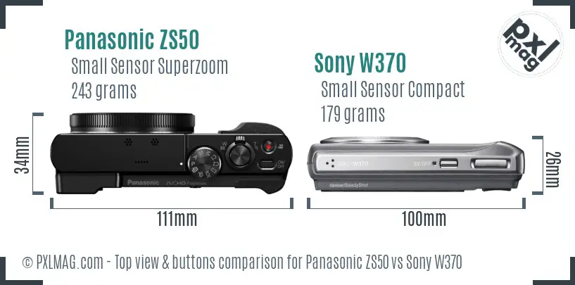 Panasonic ZS50 vs Sony W370 top view buttons comparison