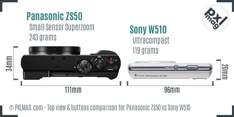 Panasonic ZS50 vs Sony W510 top view buttons comparison