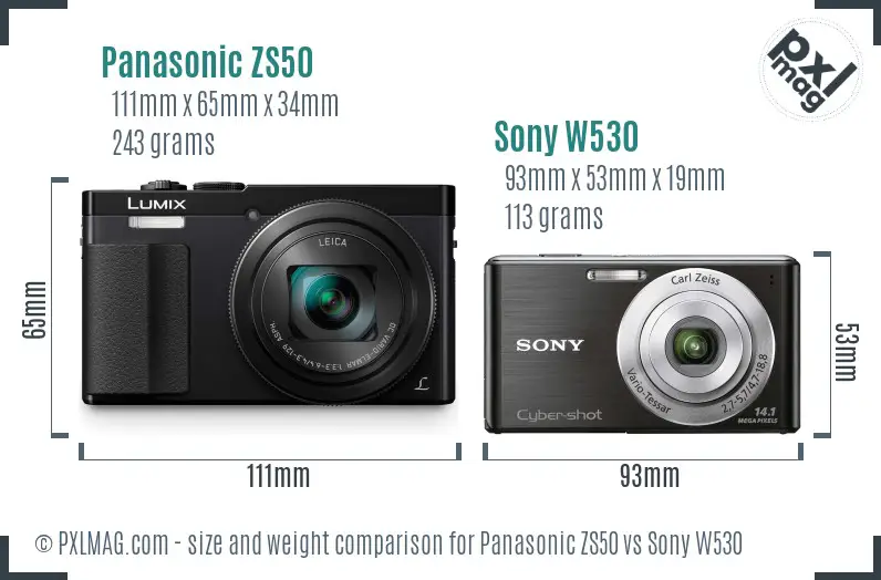 Panasonic ZS50 vs Sony W530 size comparison