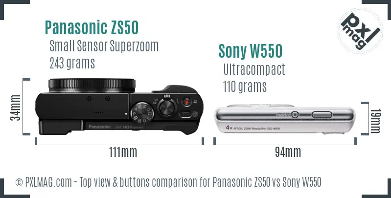 Panasonic ZS50 vs Sony W550 top view buttons comparison