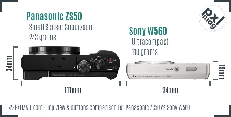 Panasonic ZS50 vs Sony W560 top view buttons comparison