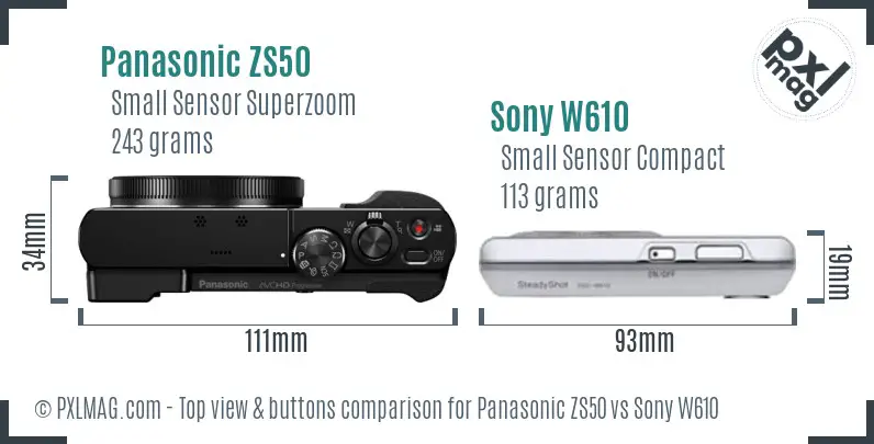 Panasonic ZS50 vs Sony W610 top view buttons comparison Panasonic ZS50 vs Sony W610 top view buttons comparison