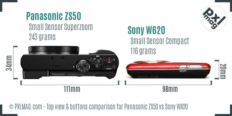 Panasonic ZS50 vs Sony W620 top view buttons comparison