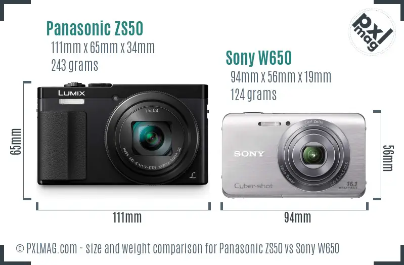 Panasonic ZS50 vs Sony W650 size comparison