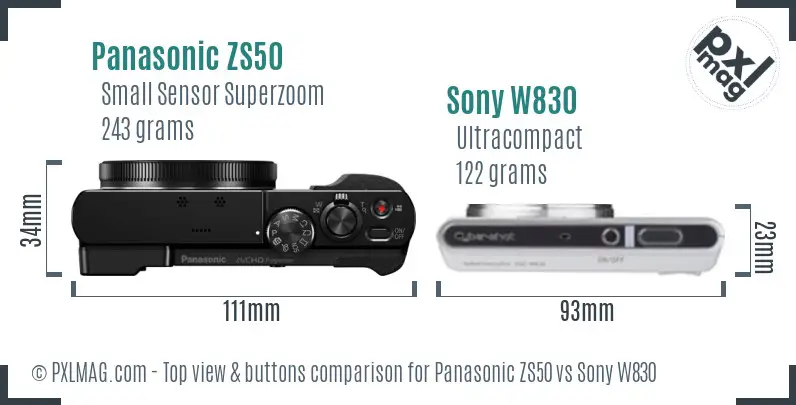 Panasonic ZS50 vs Sony W830 top view buttons comparison Panasonic ZS50 vs Sony W830 top view buttons comparison