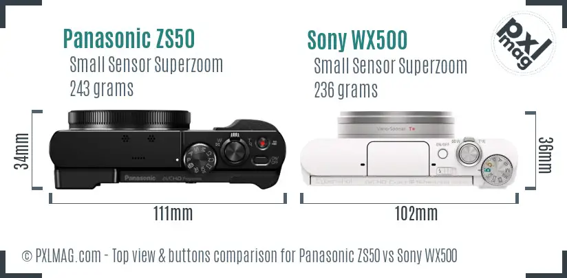 Panasonic ZS50 vs Sony WX500 top view buttons comparison