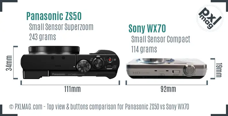 Panasonic ZS50 vs Sony WX70 top view buttons comparison