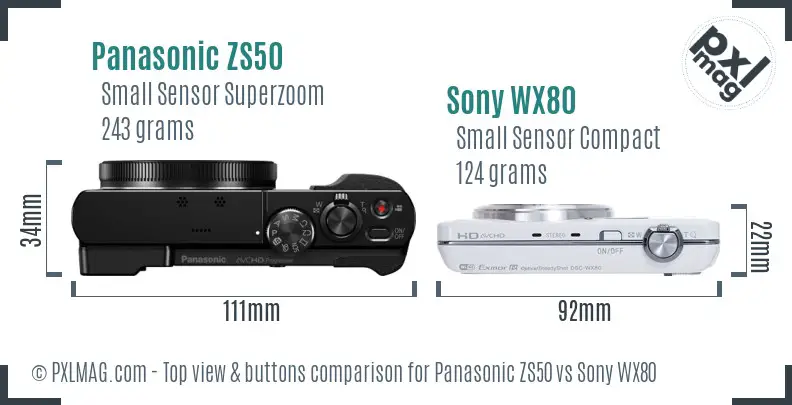 Panasonic ZS50 vs Sony WX80 top view buttons comparison