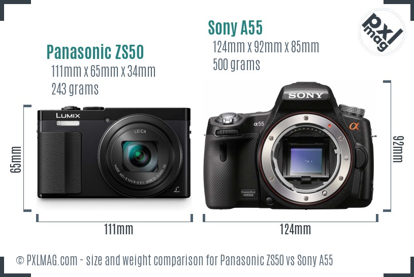 Panasonic ZS50 vs Sony A55 size comparison