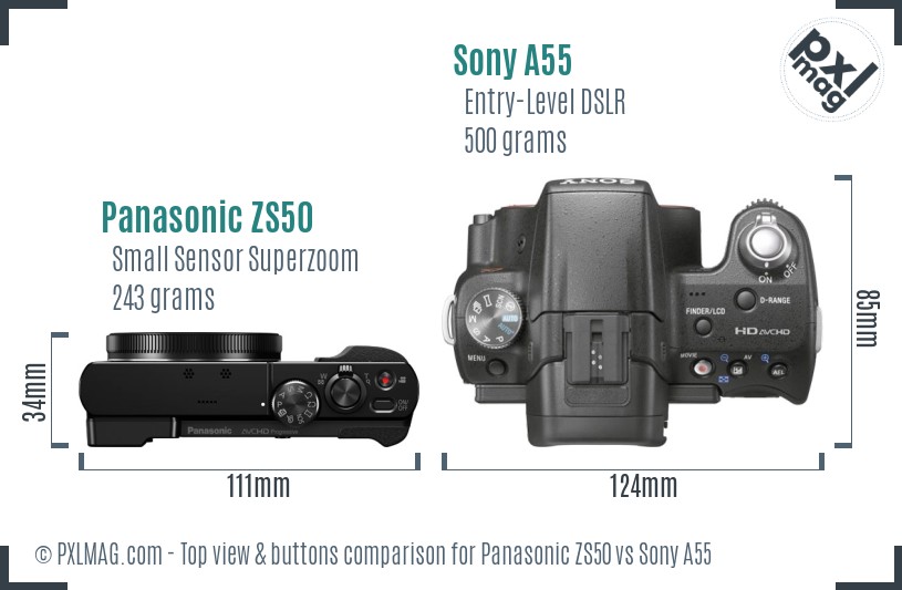 Panasonic ZS50 vs Sony A55 top view buttons comparison