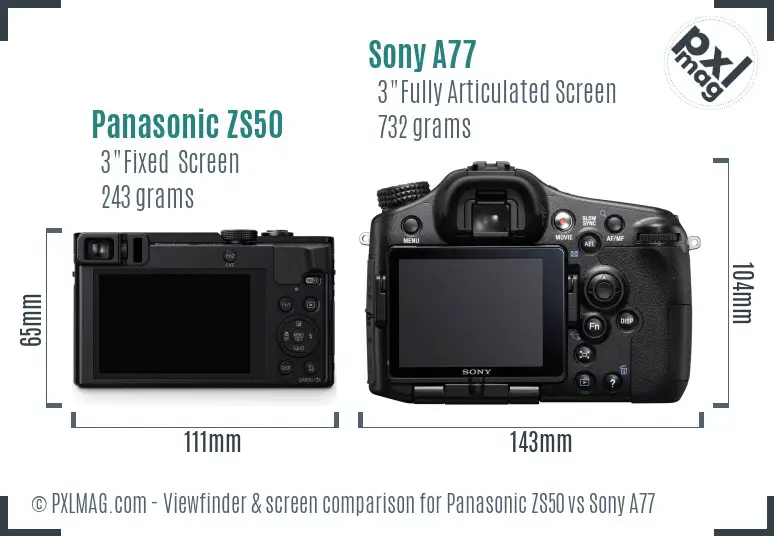 Panasonic ZS50 vs Sony A77 Screen and Viewfinder comparison