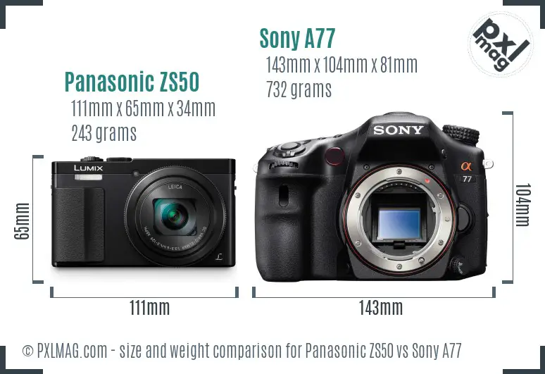 Panasonic ZS50 vs Sony A77 size comparison